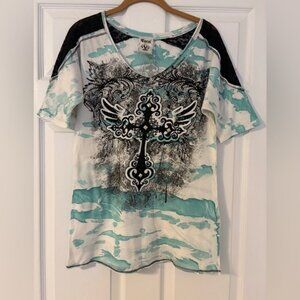 Vocal 100% Cotton Short Sleeve Embellished T-Shirt Black/Blue Women’s Large